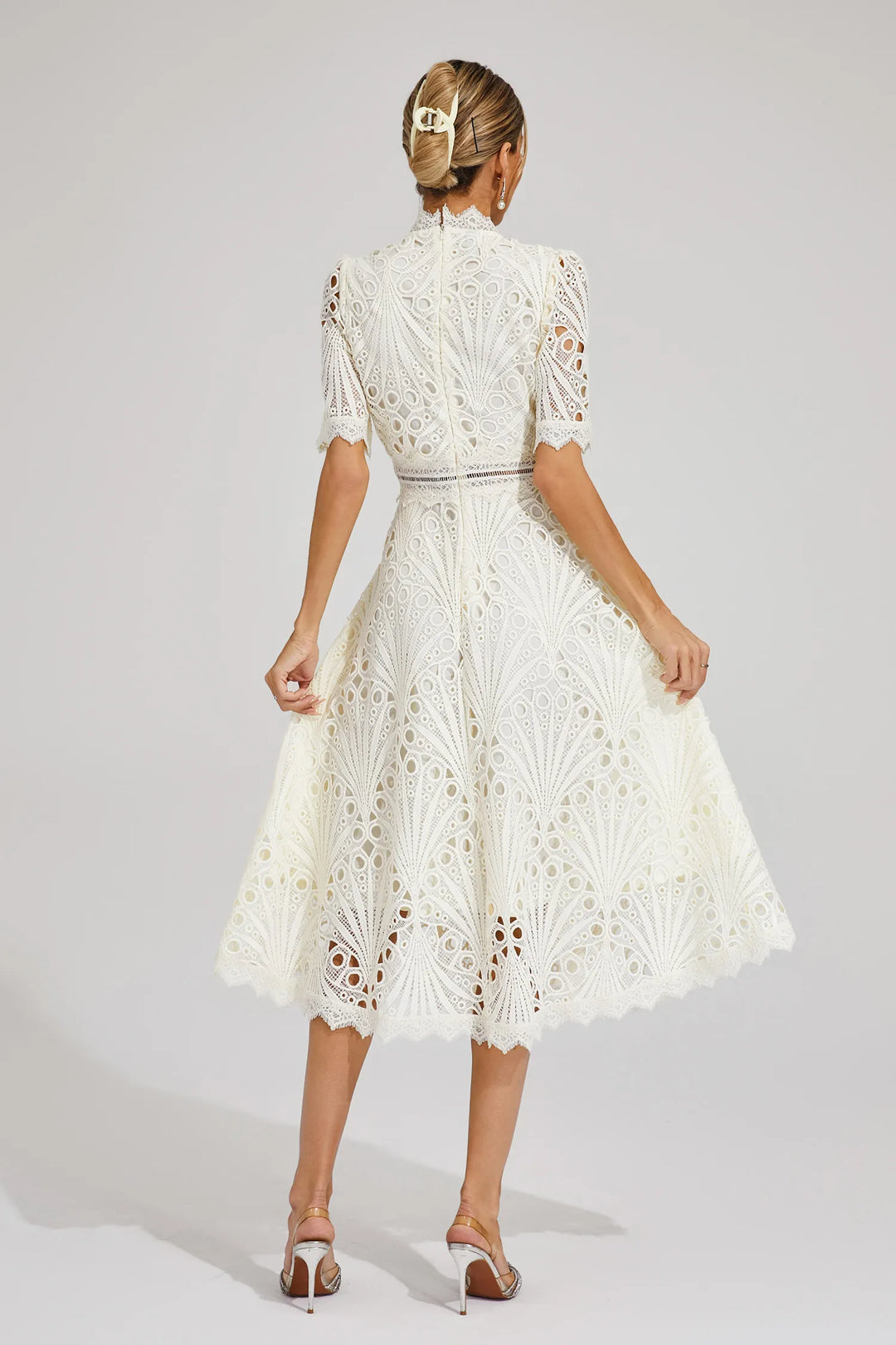 Back detail of high neck crochet midi dress showing openwork pattern and fit