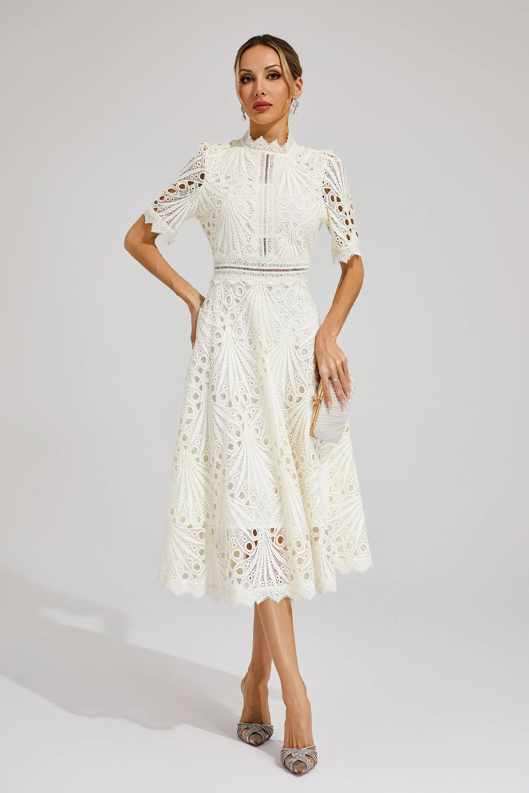 Full-length crochet midi dress with intricate openwork and flattering midi silhouette