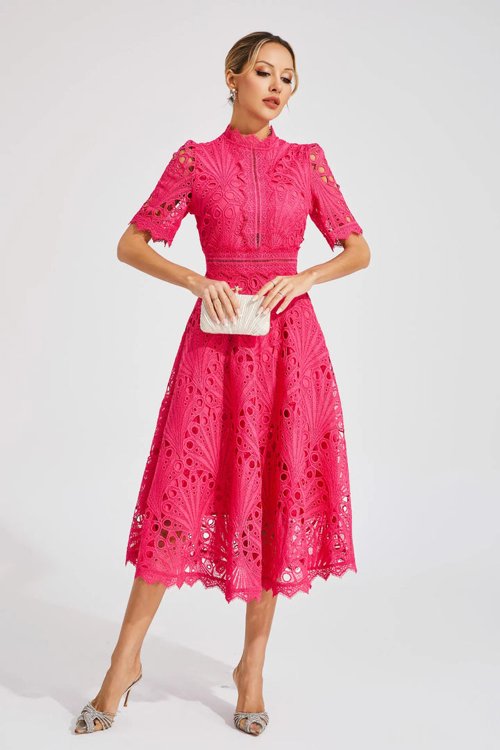 Side view of crochet midi dress showing scalloped sleeve detail and flared skirt