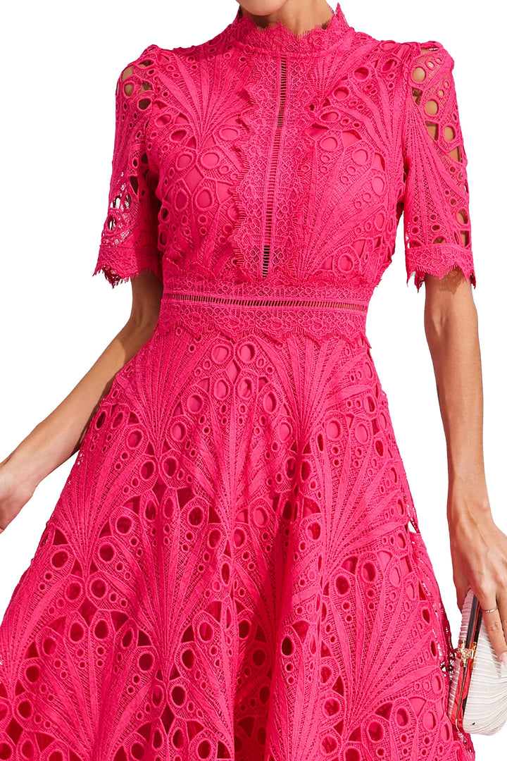 High neckline detail and short sleeves on crochet midi dress for formal occasions
