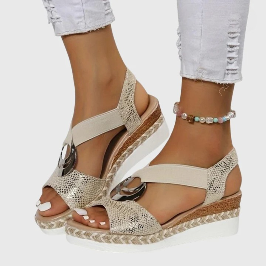 Women's orthopedic buckle strap sandals in neutral tone with platform sole and supportive arch