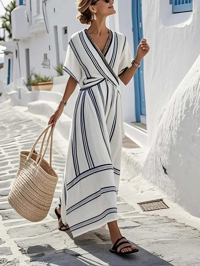 Relaxed fit maxi dress with wrap bodice detail and short sleeves in striped woven fabric