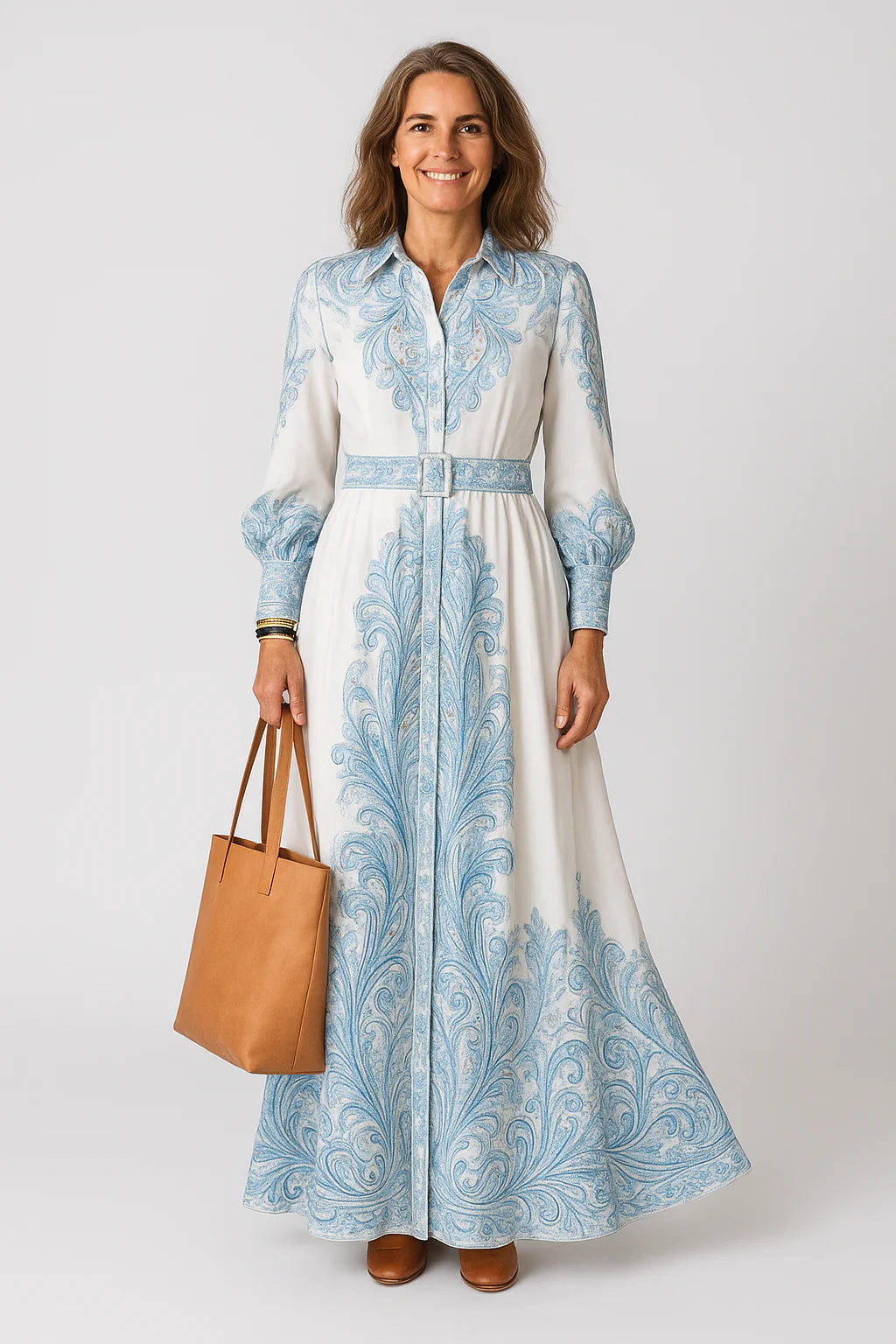 High neck printed long sleeve dress for women with sky blue paisley print and flowing maxi length silhouette