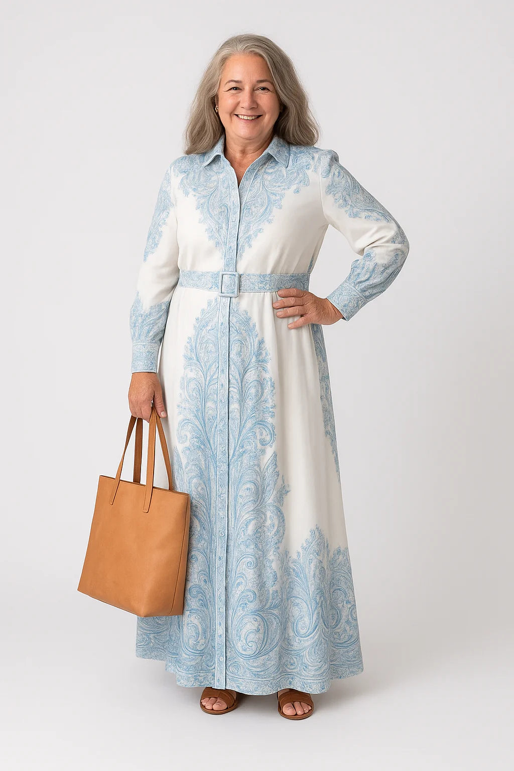 Shirt dress with high neck collar, tie belt at waist, and floor-length hem in paisley print