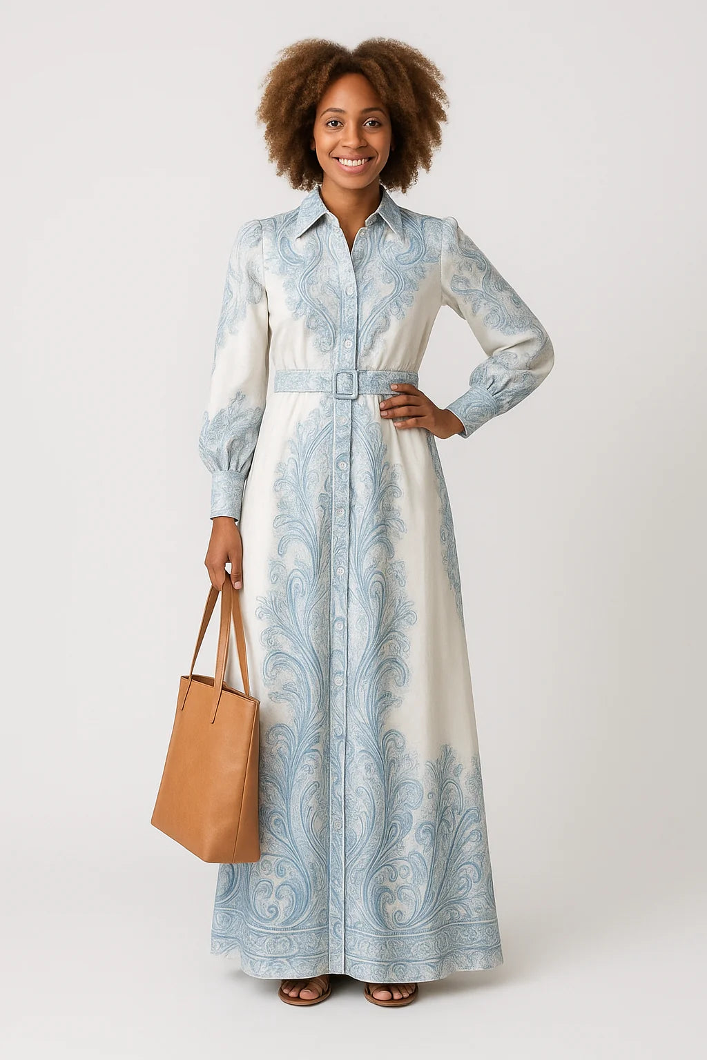 Flowing maxi dress with button fastening, long sleeves, and ornate blue paisley detailing throughout