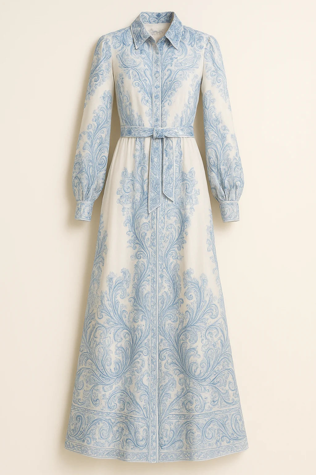 High neck printed dress for women styled with belted waist and relaxed maxi silhouette