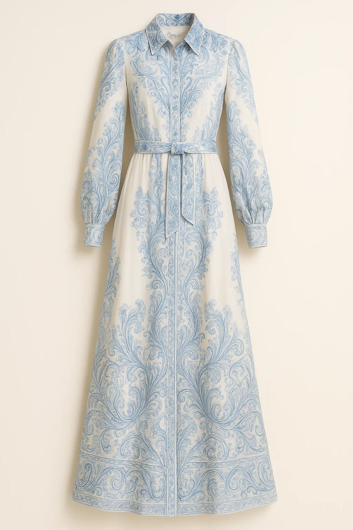 High neck printed dress for women styled with belted waist and relaxed maxi silhouette