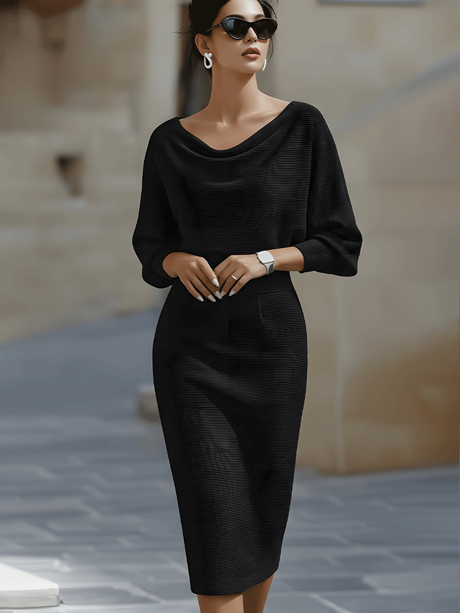 Side view of Women's Boat Neck Batwing Sleeve Midi Bodycon Dress showing ribbed knit texture and fitted silhouette