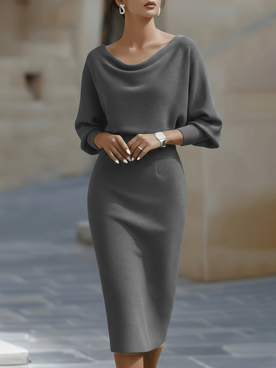 Close-up of boat neckline and batwing sleeve detail on Women's Boat Neck Batwing Sleeve Midi Bodycon Dress