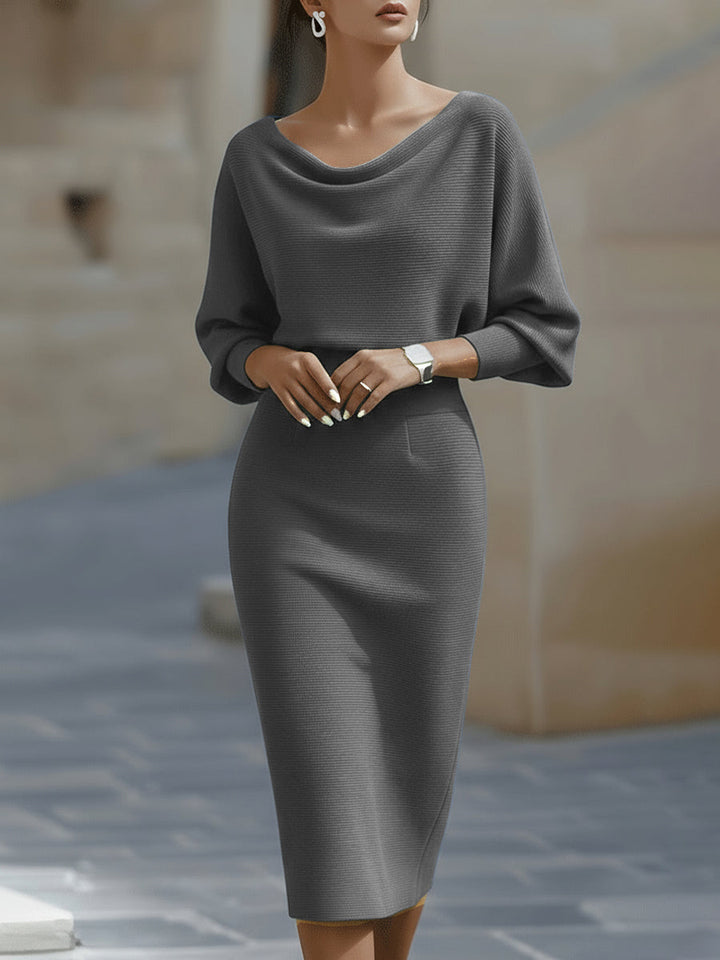 Close-up of boat neckline and batwing sleeve detail on Women's Boat Neck Batwing Sleeve Midi Bodycon Dress