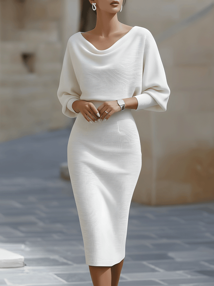 Full-length view of Women's Boat Neck Batwing Sleeve Midi Bodycon Dress in cream showing relaxed sleeves