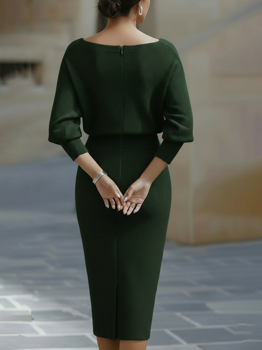 Women's Boat Neck Batwing Sleeve Midi Bodycon Dress worn for daytime event with structured accessories
