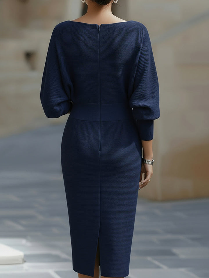 Close-up of draped boat neckline and smooth finish on Women's Boat Neck Batwing Sleeve Midi Bodycon Dress