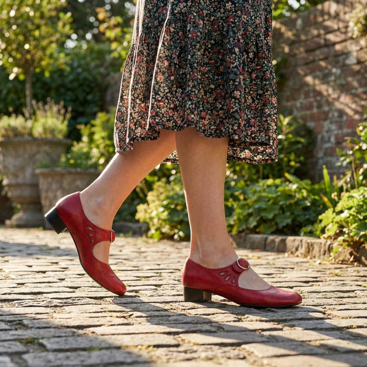 Women's Mary Jane shoes with adjustable instep strap and low block heel in outdoor setting