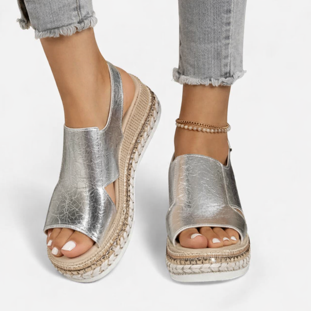 Women's Summer Wedge Sandals with metallic croc-effect upper and espadrille platform wedge, styled with grey denim