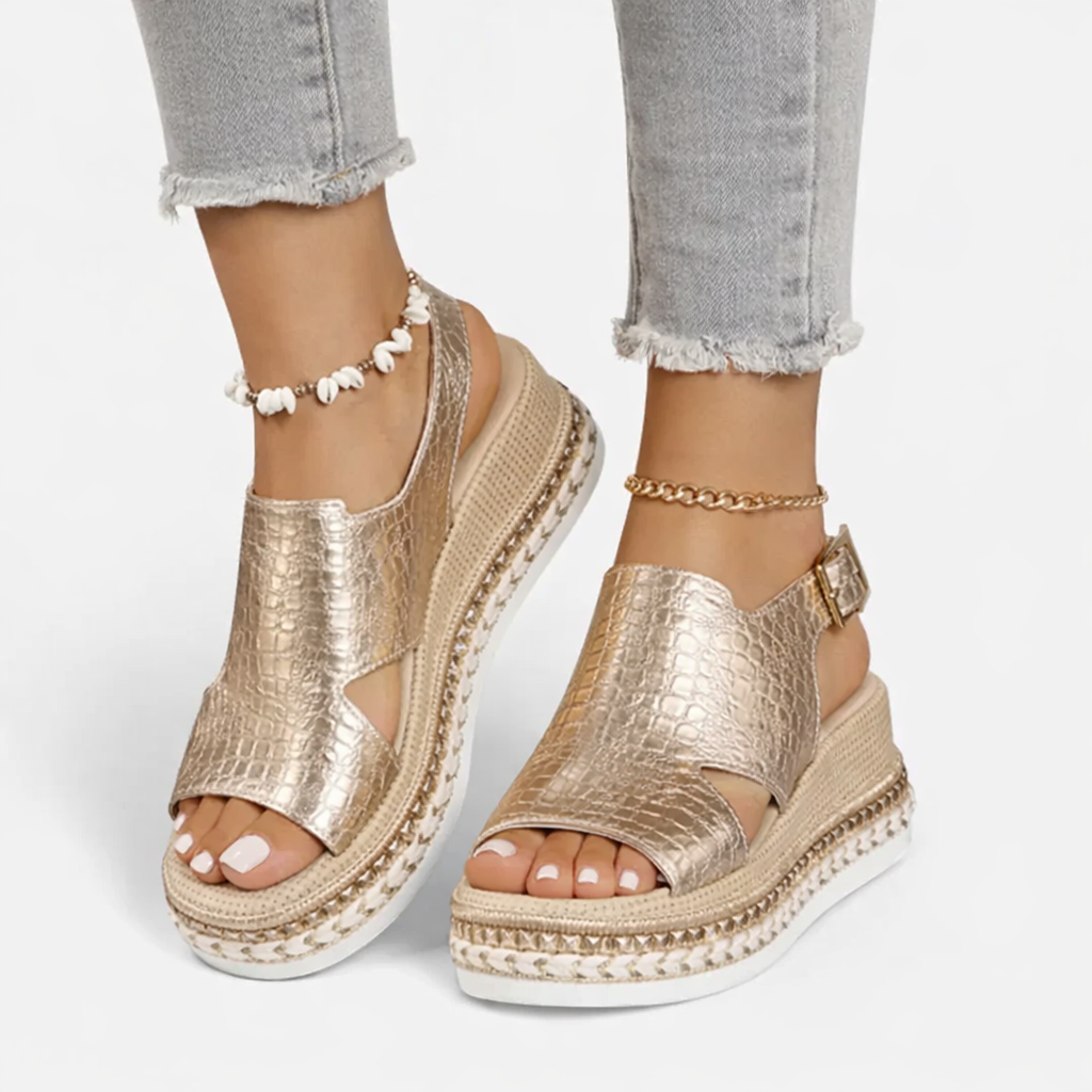 Close-up of Women's Summer Wedge Sandals showing open-toe design and adjustable slingback buckle detail