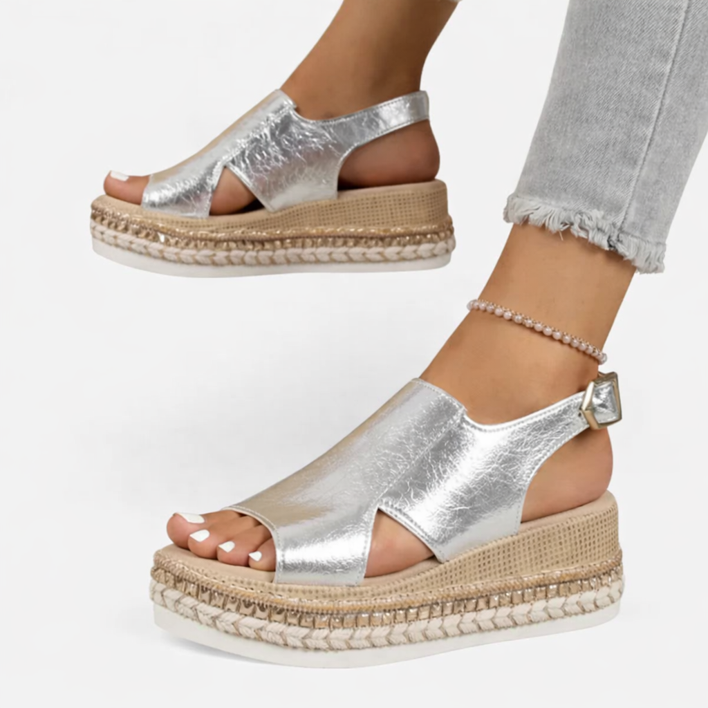 Side view of Women's Summer Wedge Sandals displaying espadrille-style platform and contoured footbed