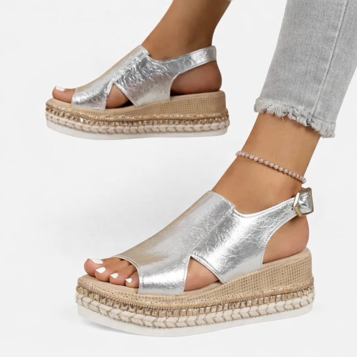 Side view of Women's Summer Wedge Sandals displaying espadrille-style platform and contoured footbed