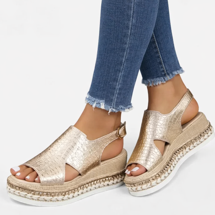 Women's Summer Wedge Sandals in metallic finish with side cut-outs and cushioned sole for all-day comfort