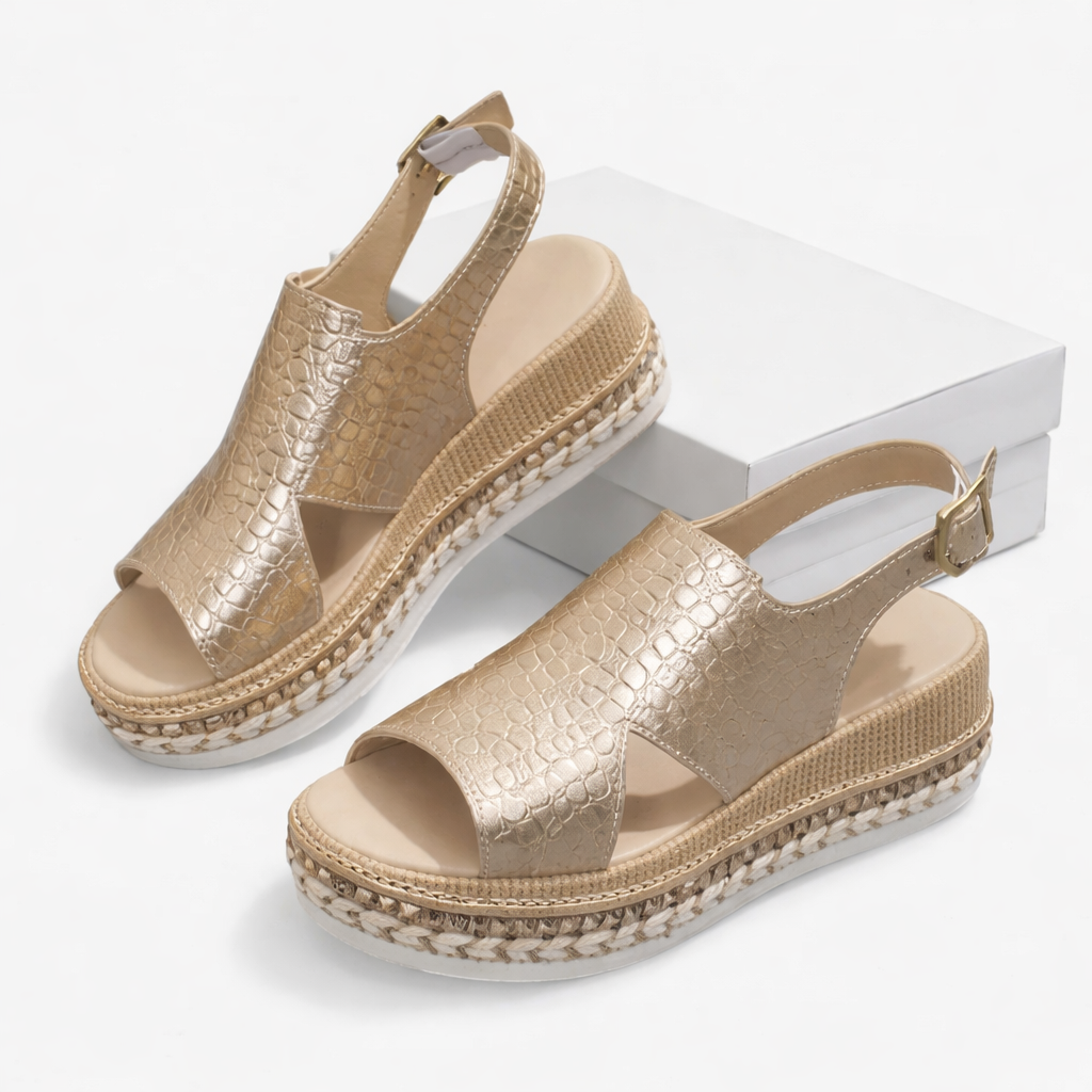 Detail of metallic croc-effect upper on Women's Summer Wedge Sandals with breathable open-toe front