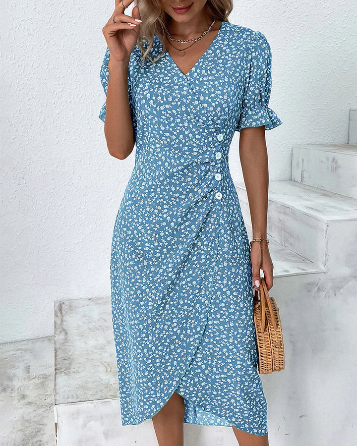V-neck wrap midi dress in green with cream floral print for office and evening wear