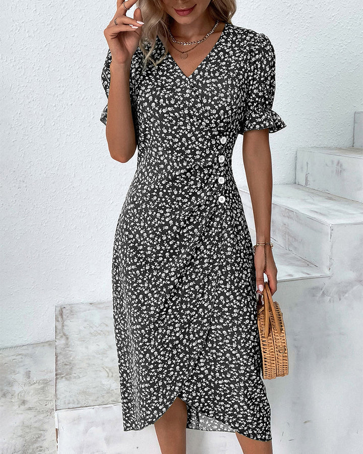 Midi wrap dress with floral pattern, adjustable tie waist and comfortable woven fabric