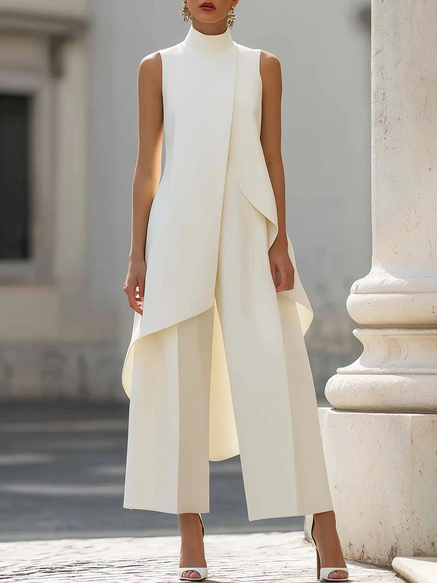Women's High-Neck Sleeveless Asymmetric Wide-Leg Trouser Set in cream with architectural drape and wide-leg trousers