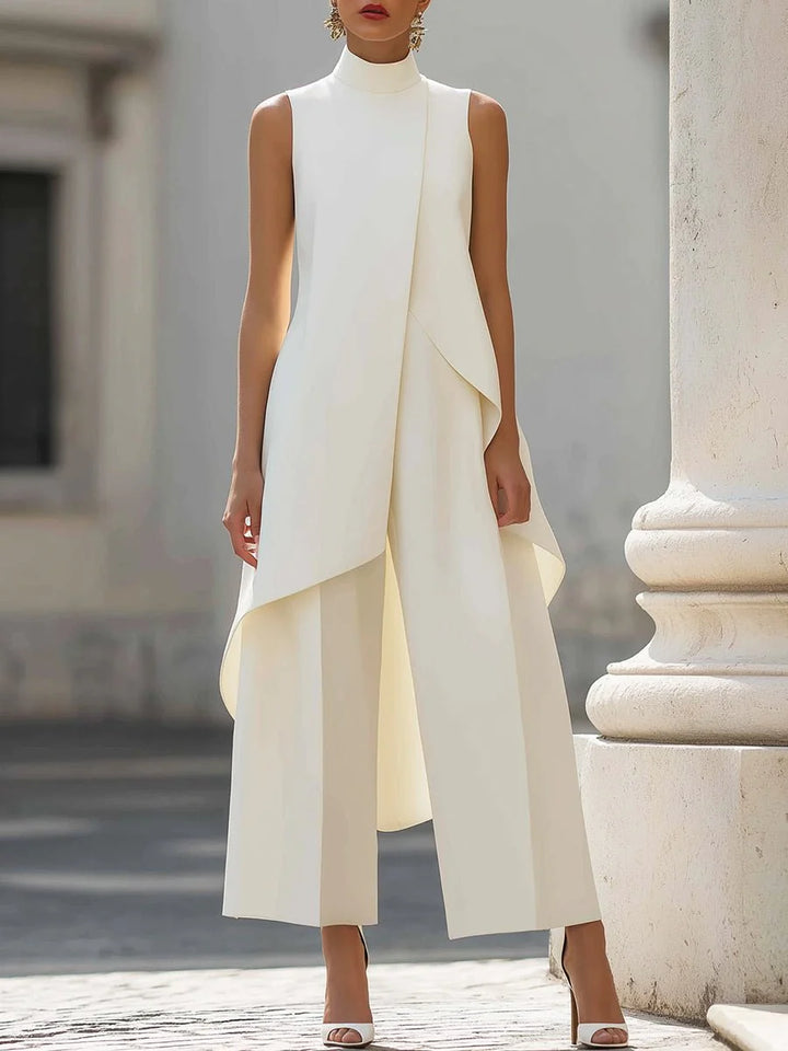 Women's High-Neck Sleeveless Asymmetric Wide-Leg Trouser Set in cream with architectural drape and wide-leg trousers