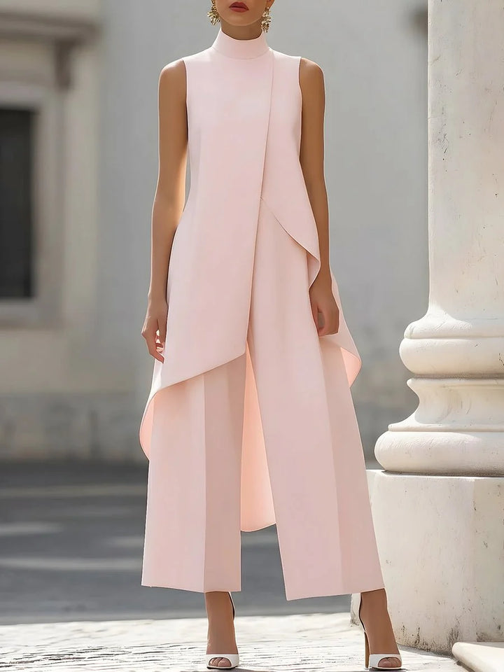 Detail of high neckline and structured fabric on sleeveless top