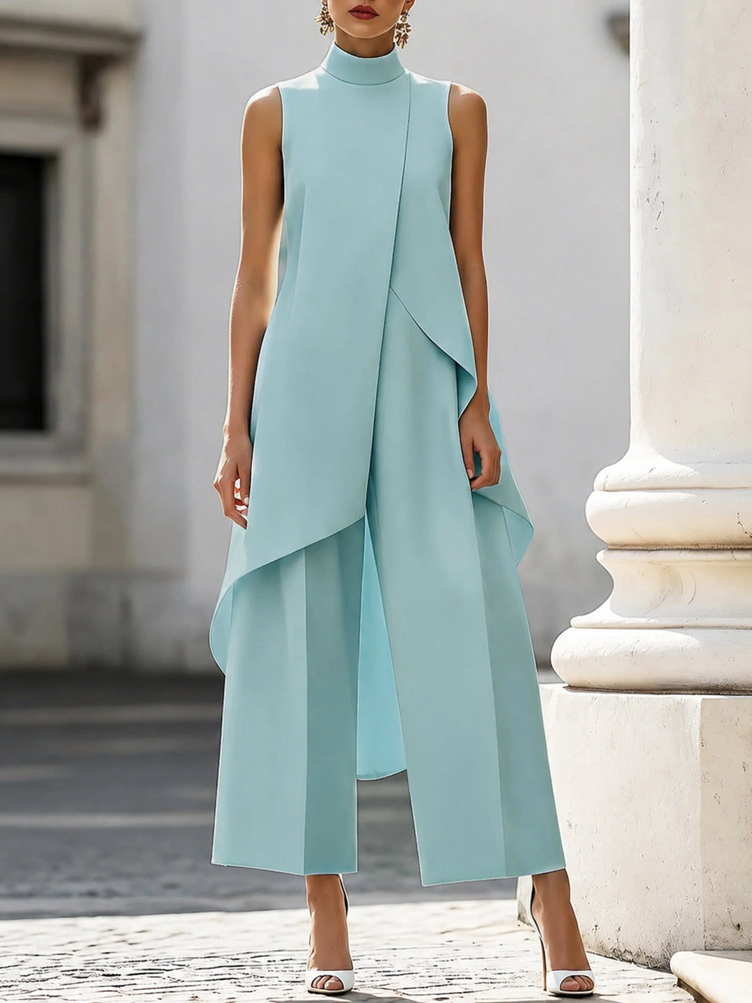 Back view of Women's High-Neck Sleeveless Asymmetric Wide-Leg Trouser Set