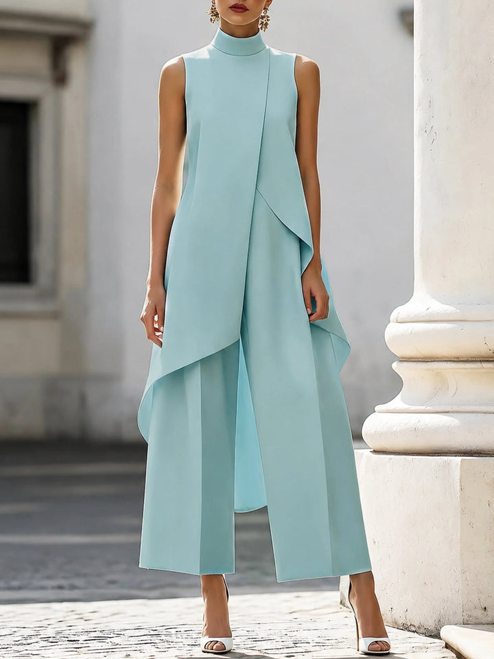 Back view of Women's High-Neck Sleeveless Asymmetric Wide-Leg Trouser Set