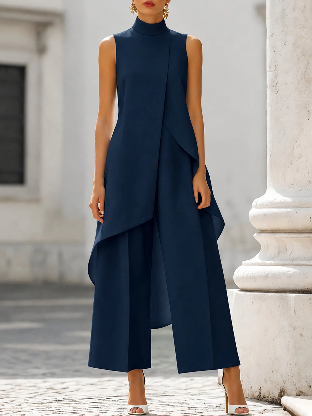 Close-up of wide-leg trouser fit and drape on Women's High-Neck Sleeveless Asymmetric Wide-Leg Trouser Set