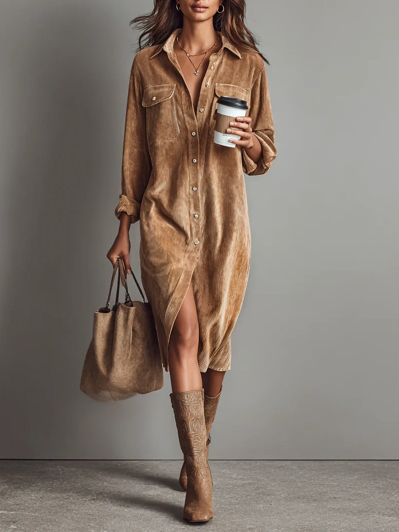 Woman wearing caramel button-up midi dress in ribbed corduroy with chest pockets and relaxed fit