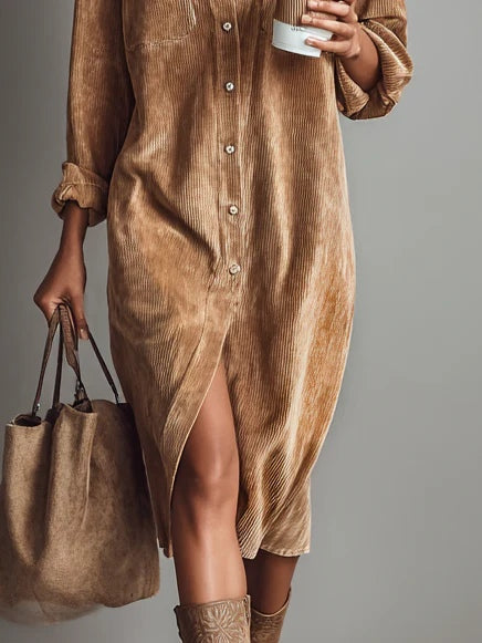 Side view of corduroy shirt dress with relaxed silhouette and midi length falling below knee