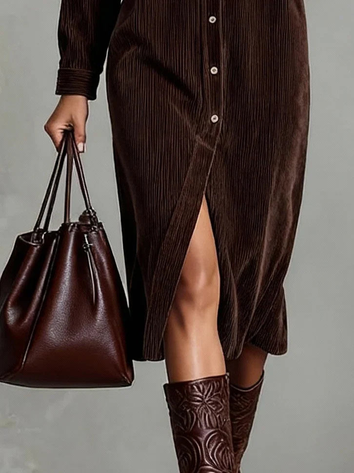 Back view of relaxed fit shirt dress in ribbed corduroy fabric