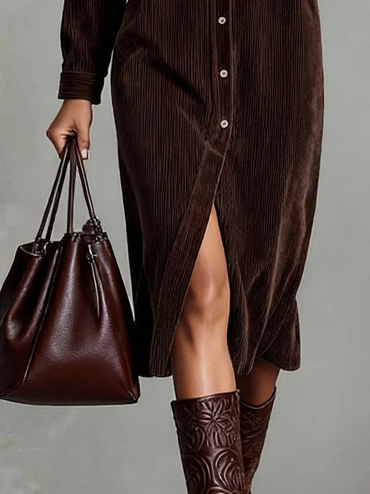 Back view of relaxed fit shirt dress in ribbed corduroy fabric