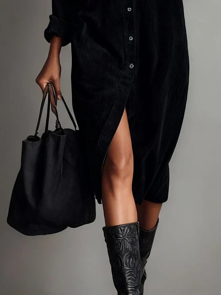 Close-up of ribbed corduroy texture and button-front closure on midi shirt dress
