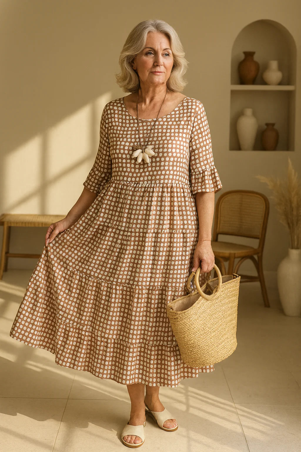 Woman wearing short sleeve midi dress summer in polka dot print with tiered skirt and round neckline