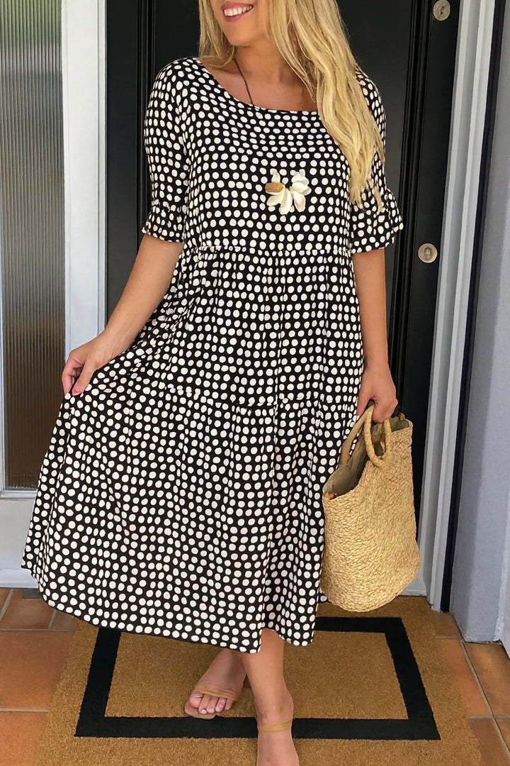 Detail shot of polka dot short sleeve midi dress summer showing round neckline and sleeve length