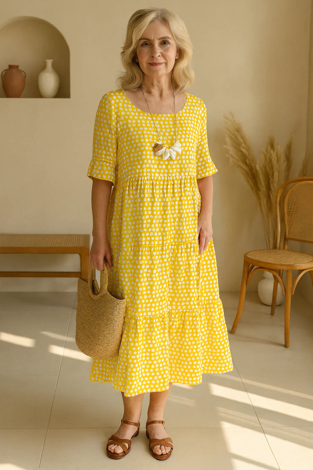 Full-length view of tiered midi dress with short sleeves and relaxed silhouette in polka dot print