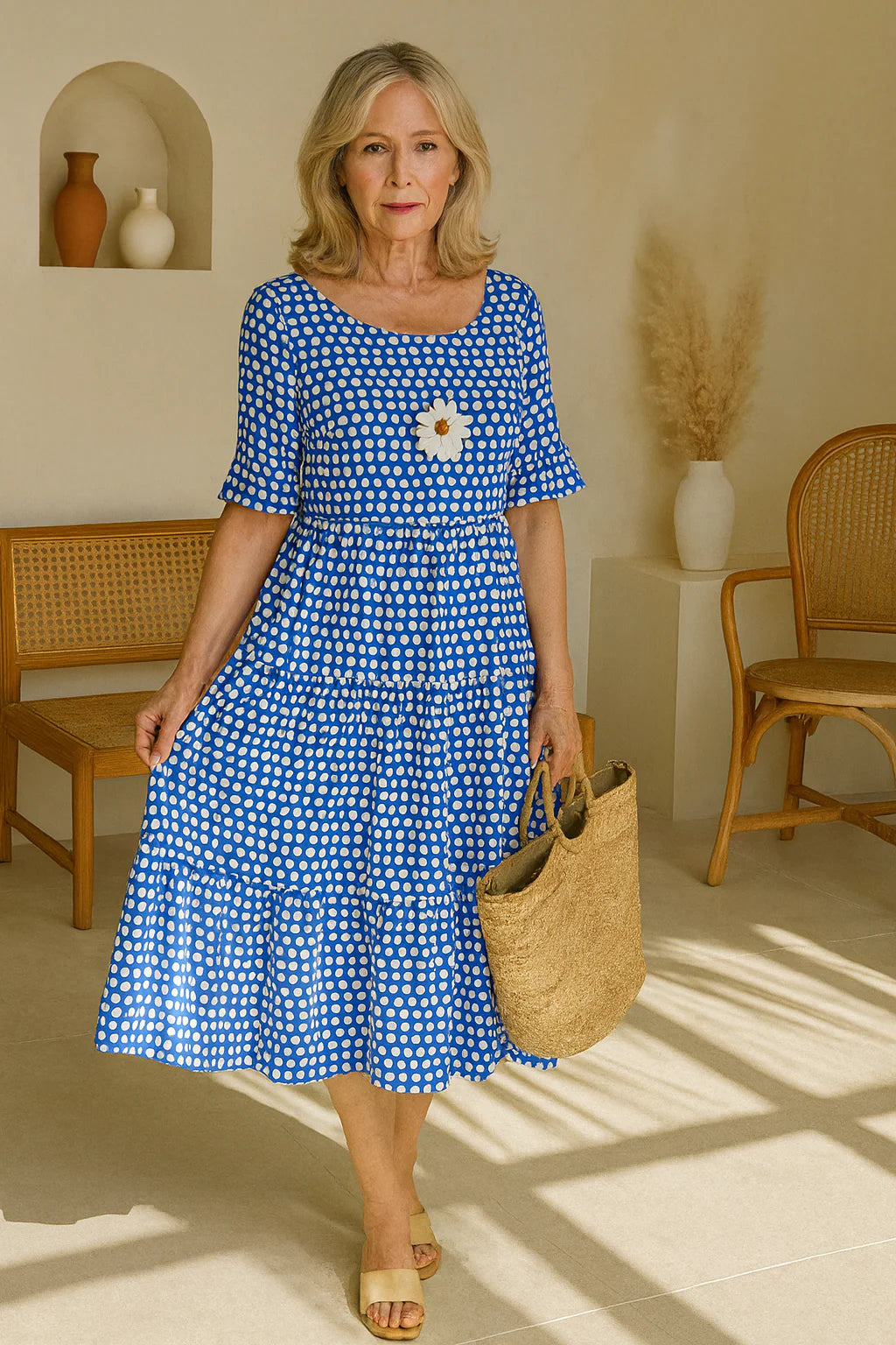 Woman in short sleeve midi dress summer showcasing comfortable fit and mid-calf length