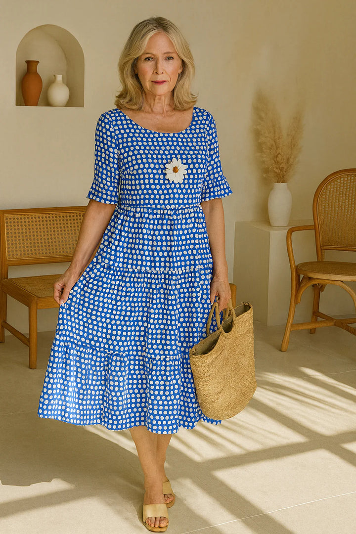 Woman in short sleeve midi dress summer showcasing comfortable fit and mid-calf length