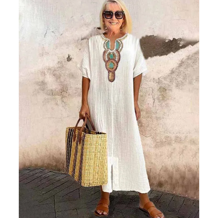 Full-length view of Summer Maxi Dress styled with flat sandals for casual warm-weather dressing