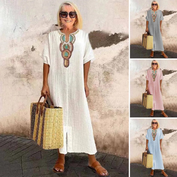 Alternative colour option of Summer Maxi Dress showing embroidered neckline and relaxed fit silhouette