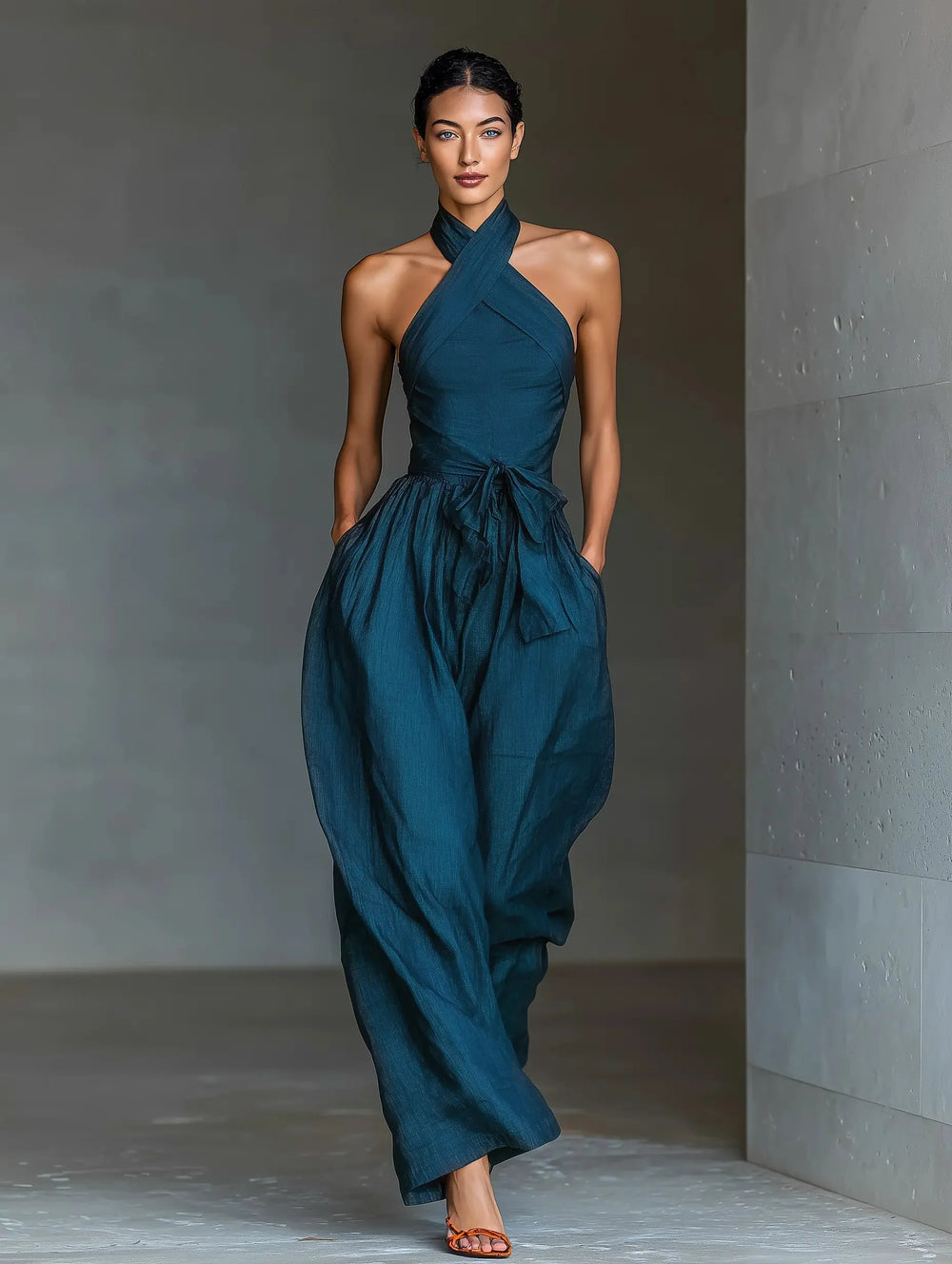 Front view of Women's Cross Halter Wide-Leg Linen Jumpsuit showing cross halter neckline and adjustable tie waist detail