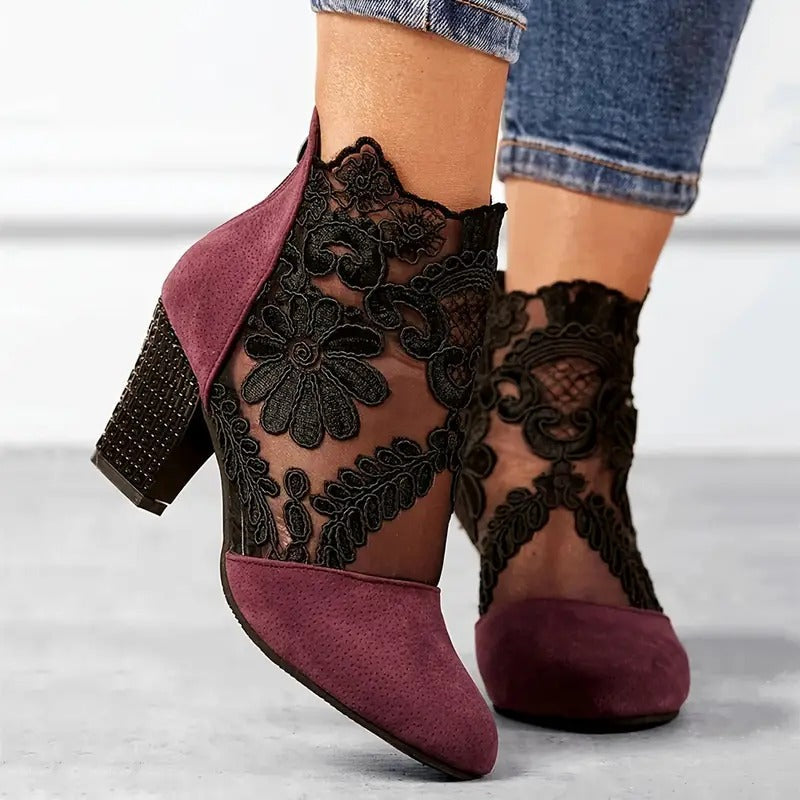 Women's lace ankle heels with burgundy suede-effect upper and black floral lace detailing over sheer mesh