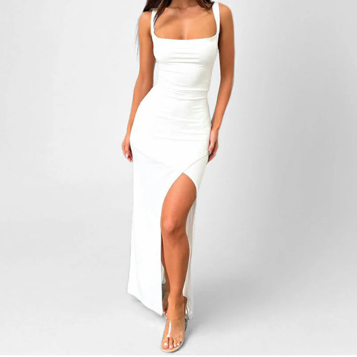 Black maxi dress with wide straps and square neckline for formal occasions