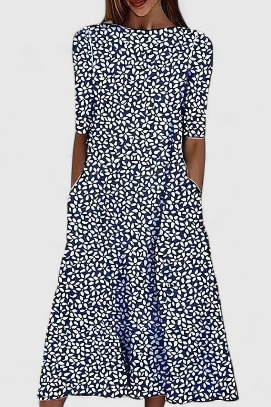 Close-up detail of blue leaf pattern on white midi dress fabric with round neckline