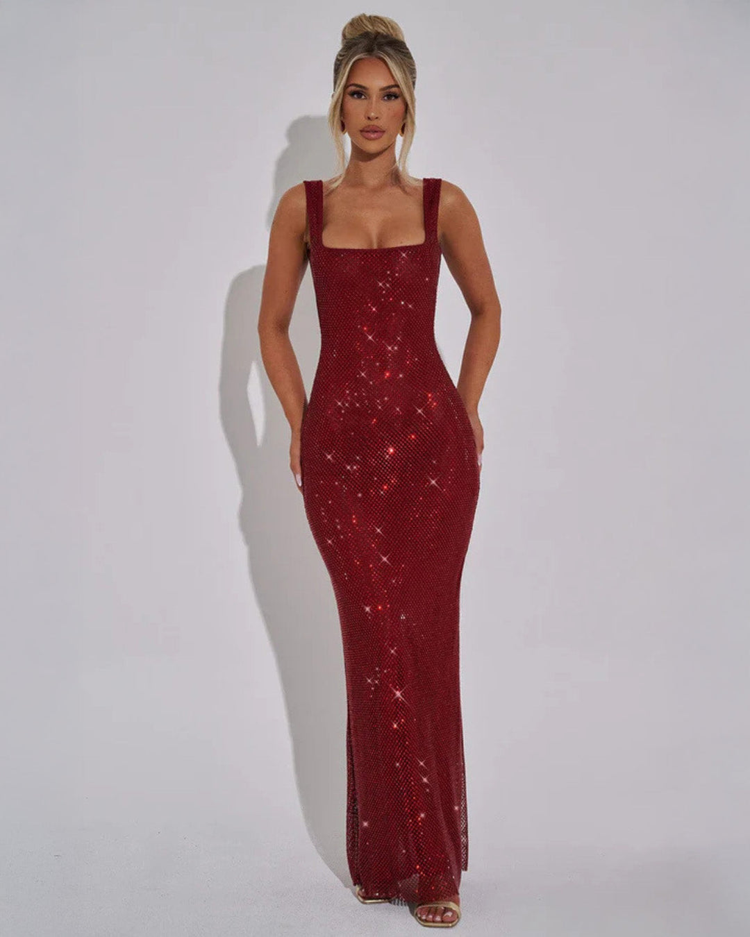 Isla wearing a deep burgundy Embellished Evening Gown for Women with square neckline and floor-length hem