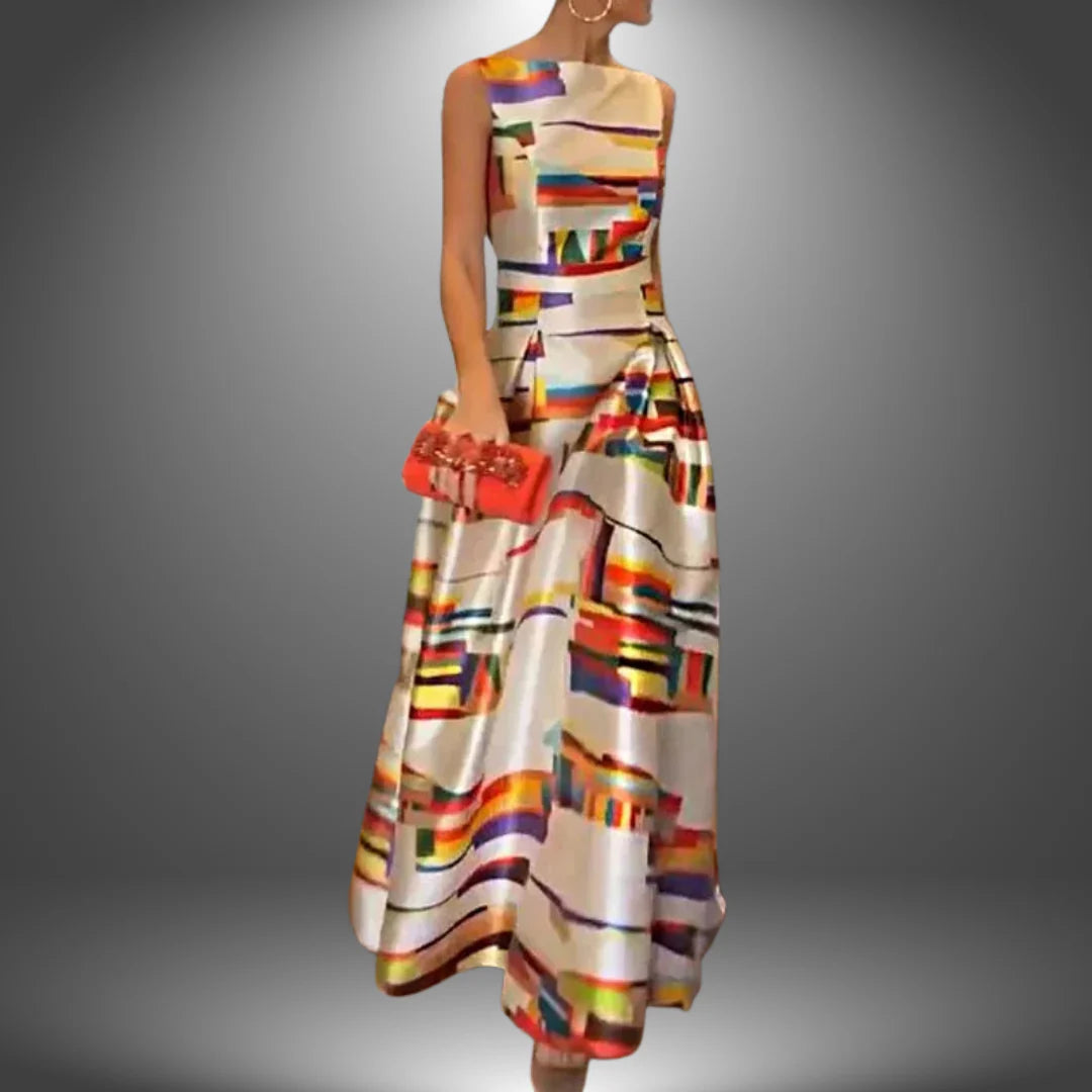 Women's Sleeveless Geometric Maxi Dress with bold multicoloured geometric print and flowing skirt on model holding red clutch